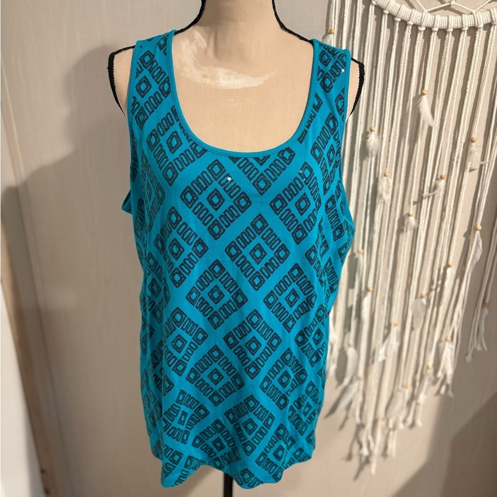 Ruby Rd. Teal and Black Geometric Tank Top